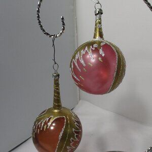 2 Vintage Hand-blown Gold and Pink Long Neck Glass Christmas Tree Ornaments